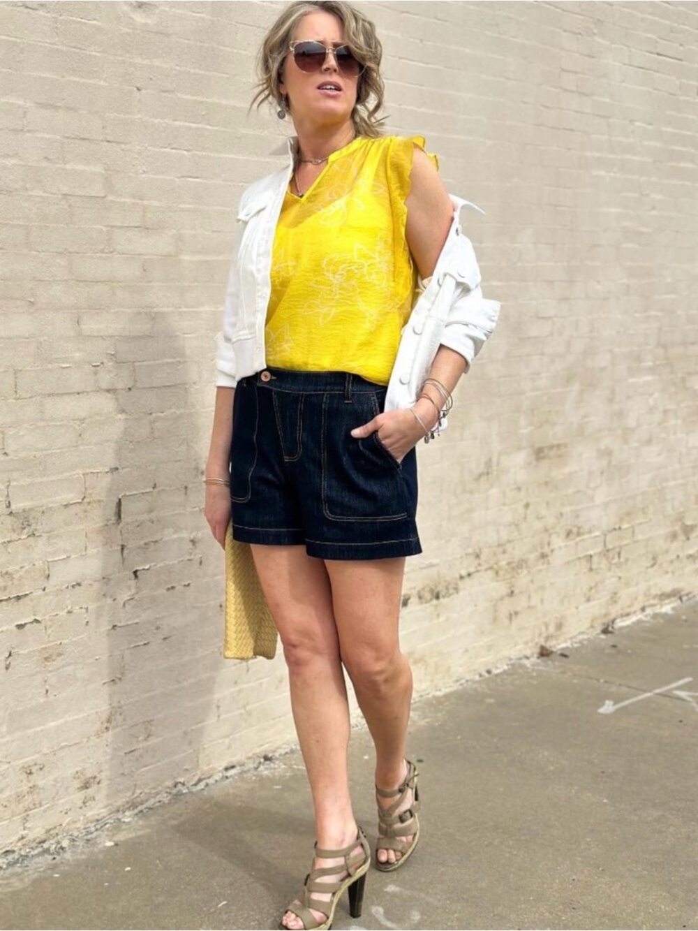 CAbi Dark Blue Denim Shorts with Contrast Stitching